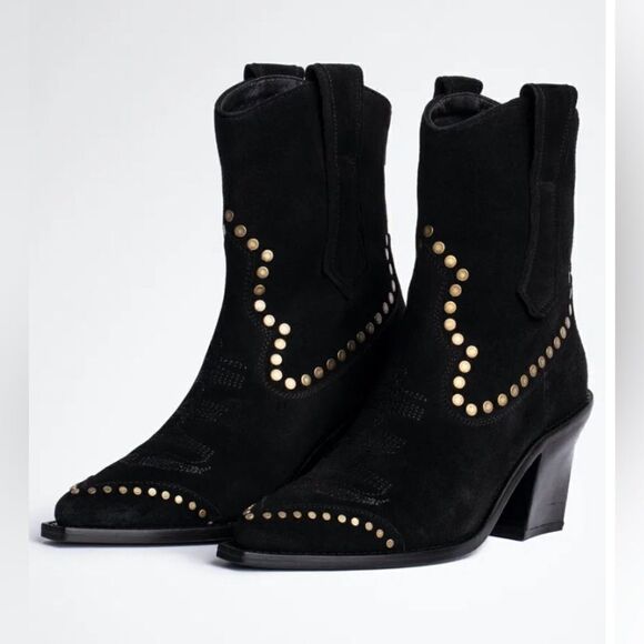 Zadig & Voltaire boots Cara black Suede Cowboy Boot 40/9 New - Picture 1 of 16
